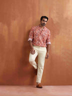 trueBrowns Men's Beige Printed Short Kurta