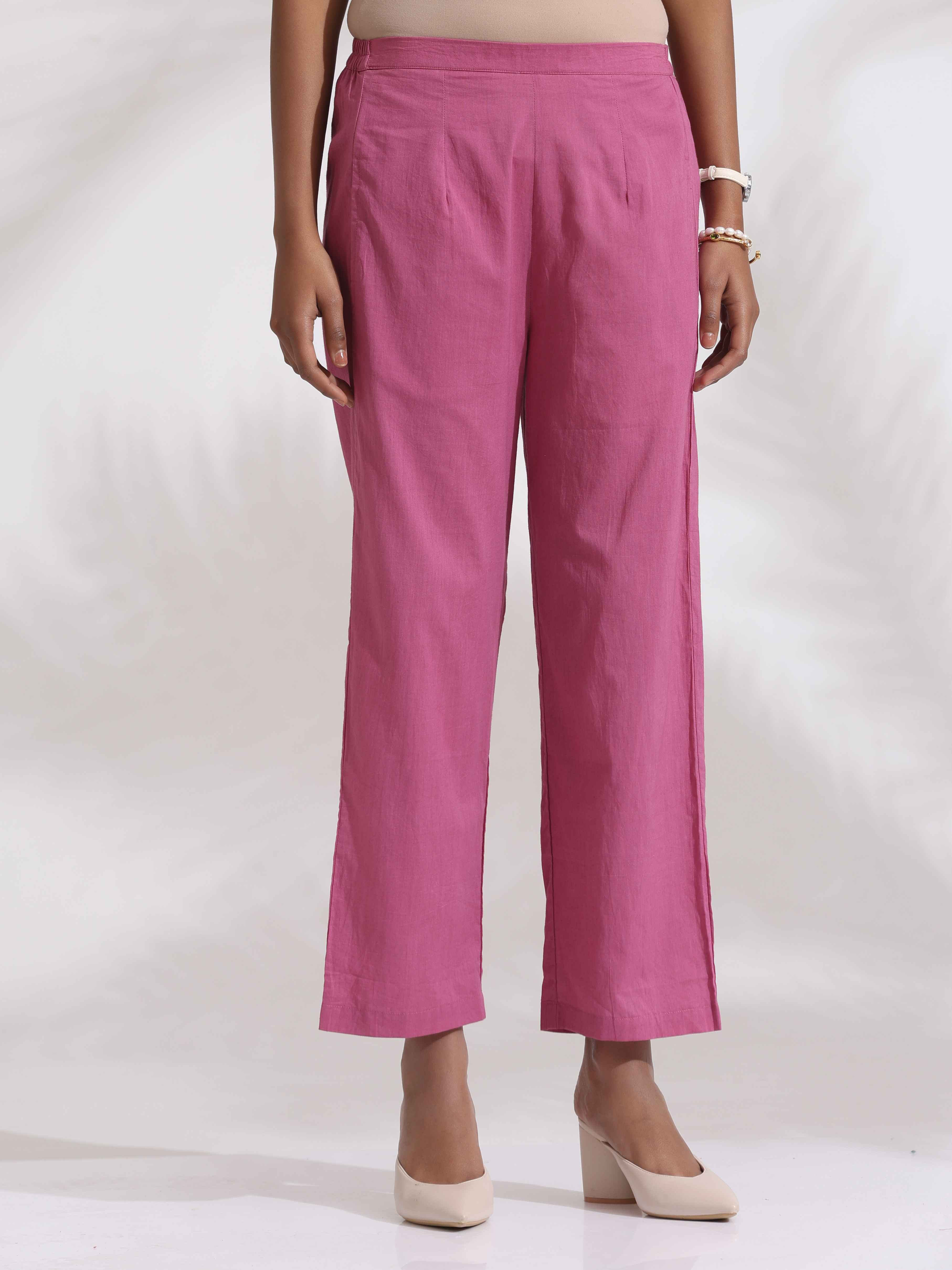 trueBrowns Pink Cotton Floral Embroidered Flared Kurta Set - Distacart