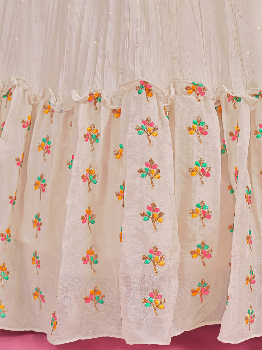 Myra White Chinon Silk Embroidered Gown - Distacart