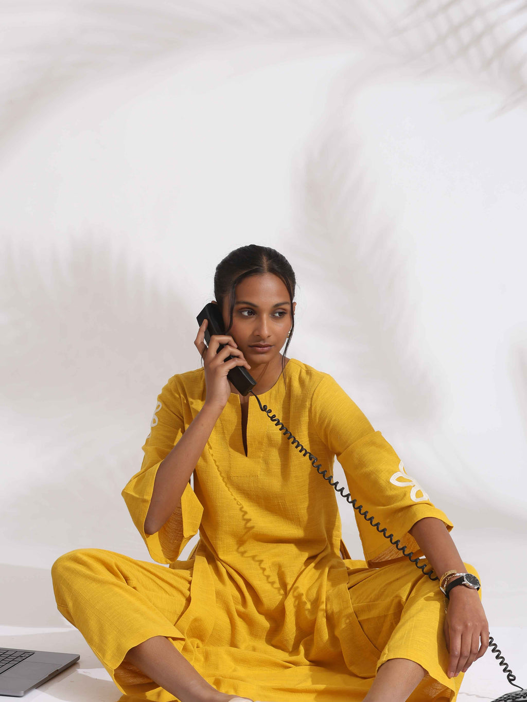 trueBrowns Yellow Cotton Slub Embroidered Straight Kurta Set - Distacart