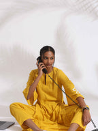 trueBrowns Yellow Cotton Slub Embroidered Straight Kurta Set - Distacart