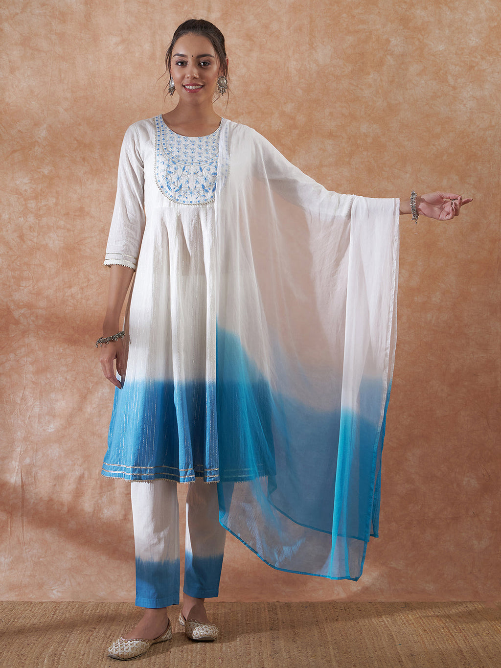InWeave Women's White Lurex Blue Dye Patch Gota Anarkali Kurta Set W Dupatta
