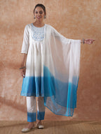 InWeave Women's White Lurex Blue Dye Patch Gota Anarkali Kurta Set W Dupatta