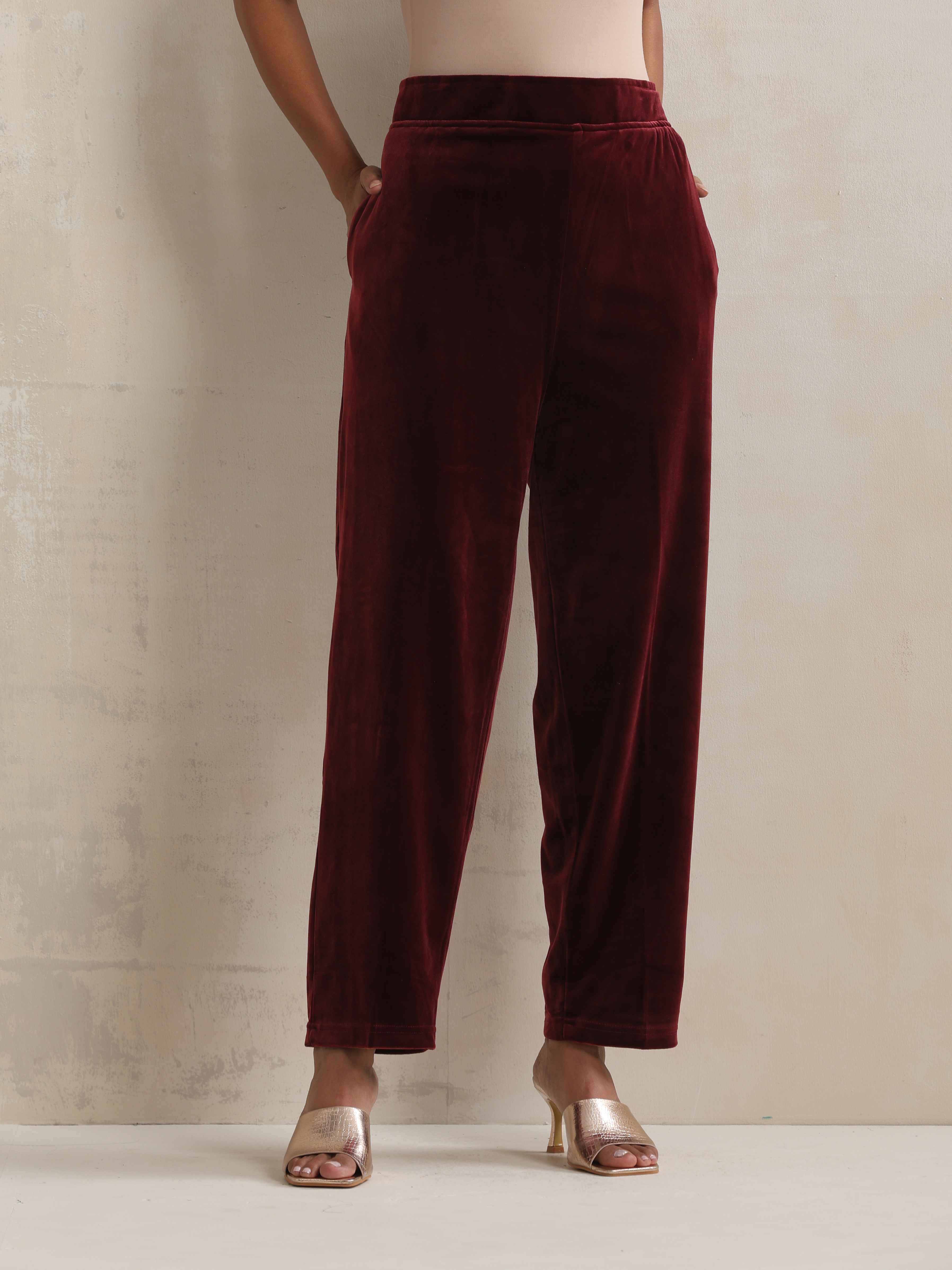 trueBrowns Maroon Velvet Embroidered Kurta Pant Dupatta Set - Distacart