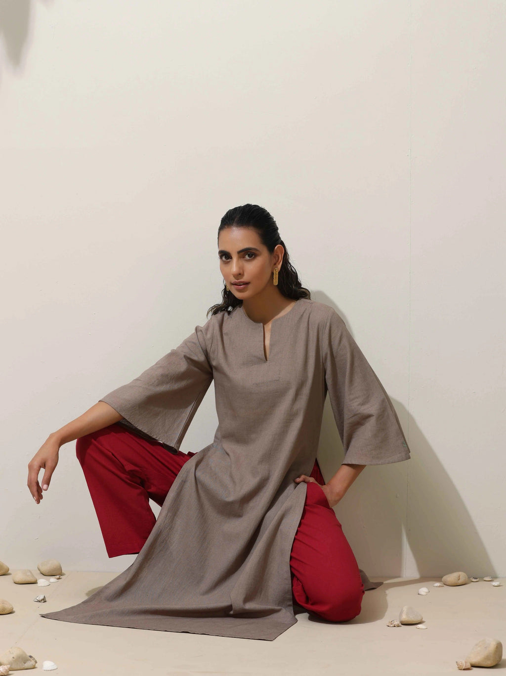 trueBrowns Grey Cotton Linen Kurta Pant Set - Distacart