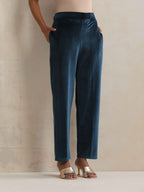 trueBrowns Blue Velvet Embroidered Kurta Pant Dupatta Set - Distacart