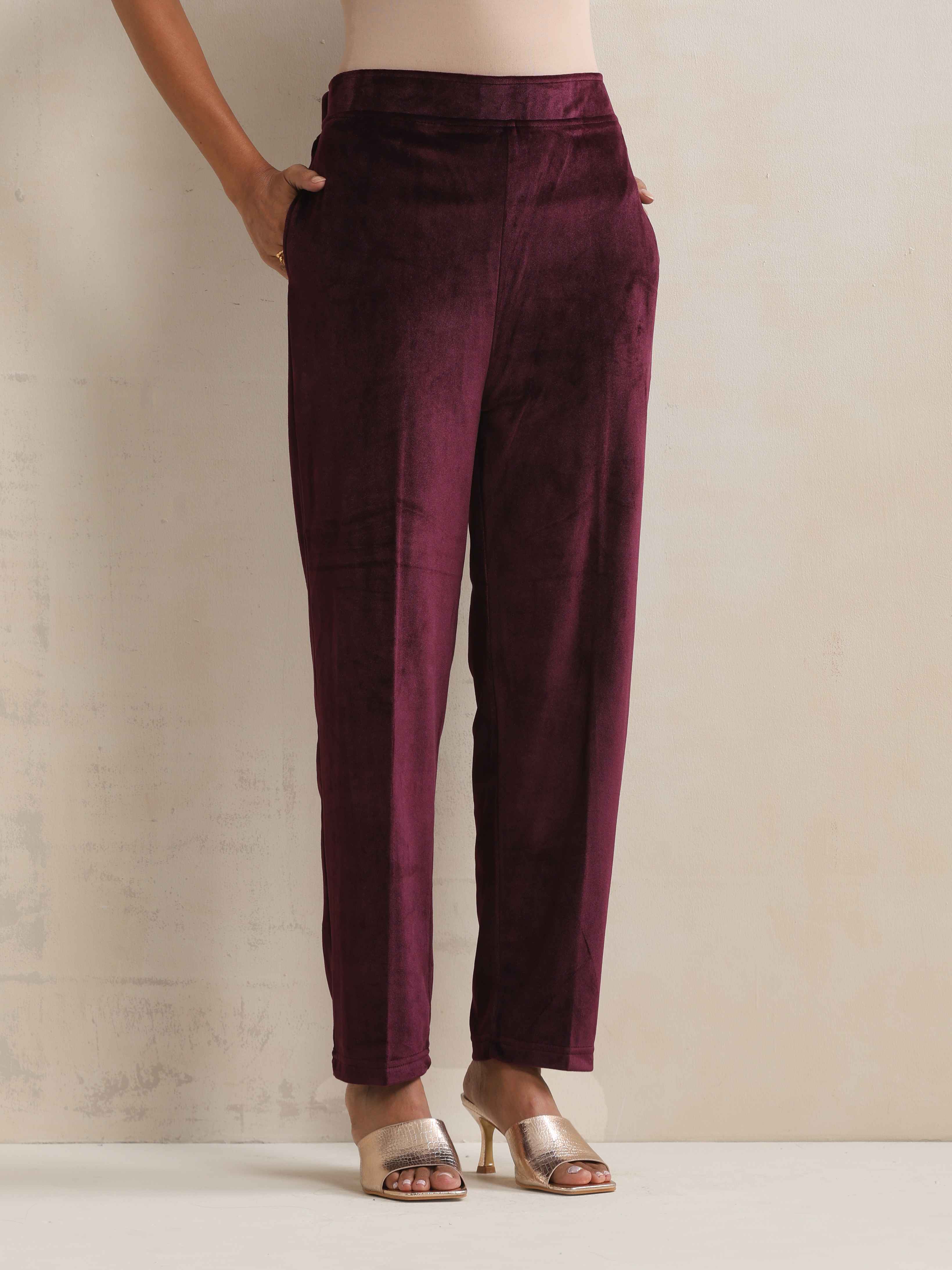 trueBrowns Purple Velvet Geometric Embroidered Kurta Pant Dupatta Set - Distacart