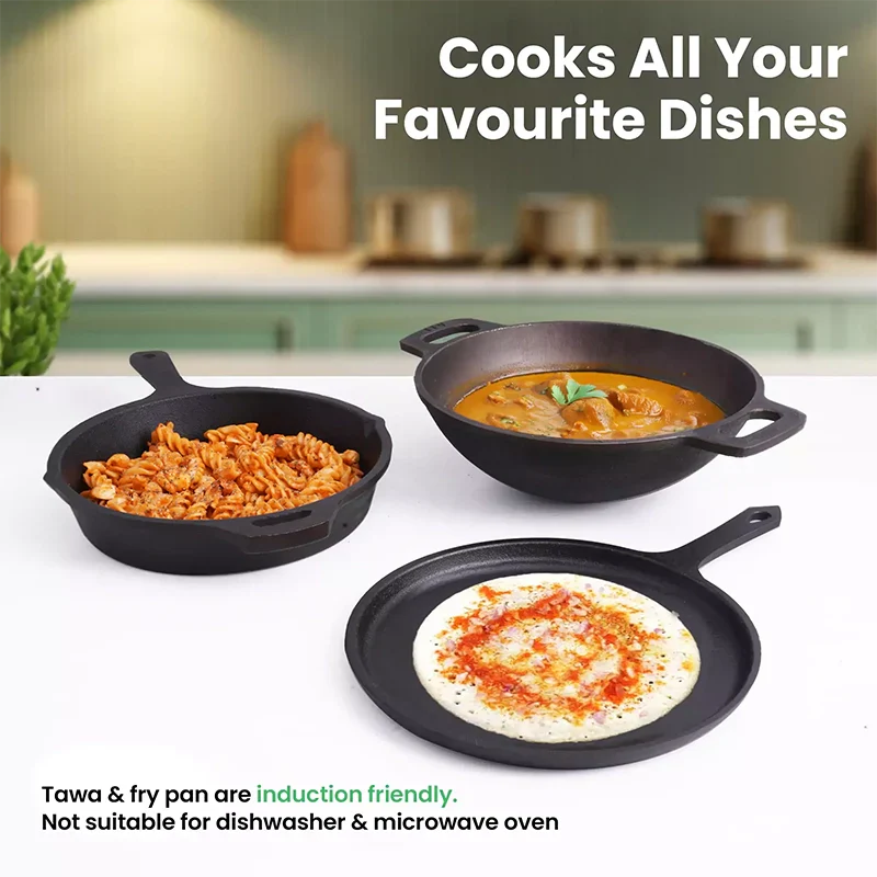 The Indus Valley CASTrong Cast Iron Cookware Set: Tadka Pan + Cast Iron Tawa With Handle (Pre Seasoned) + Cast Iron Kadai Wok Model + Cast Iron Fry Pan, Kitchen set for Home, 100% Pure, Toxin-free