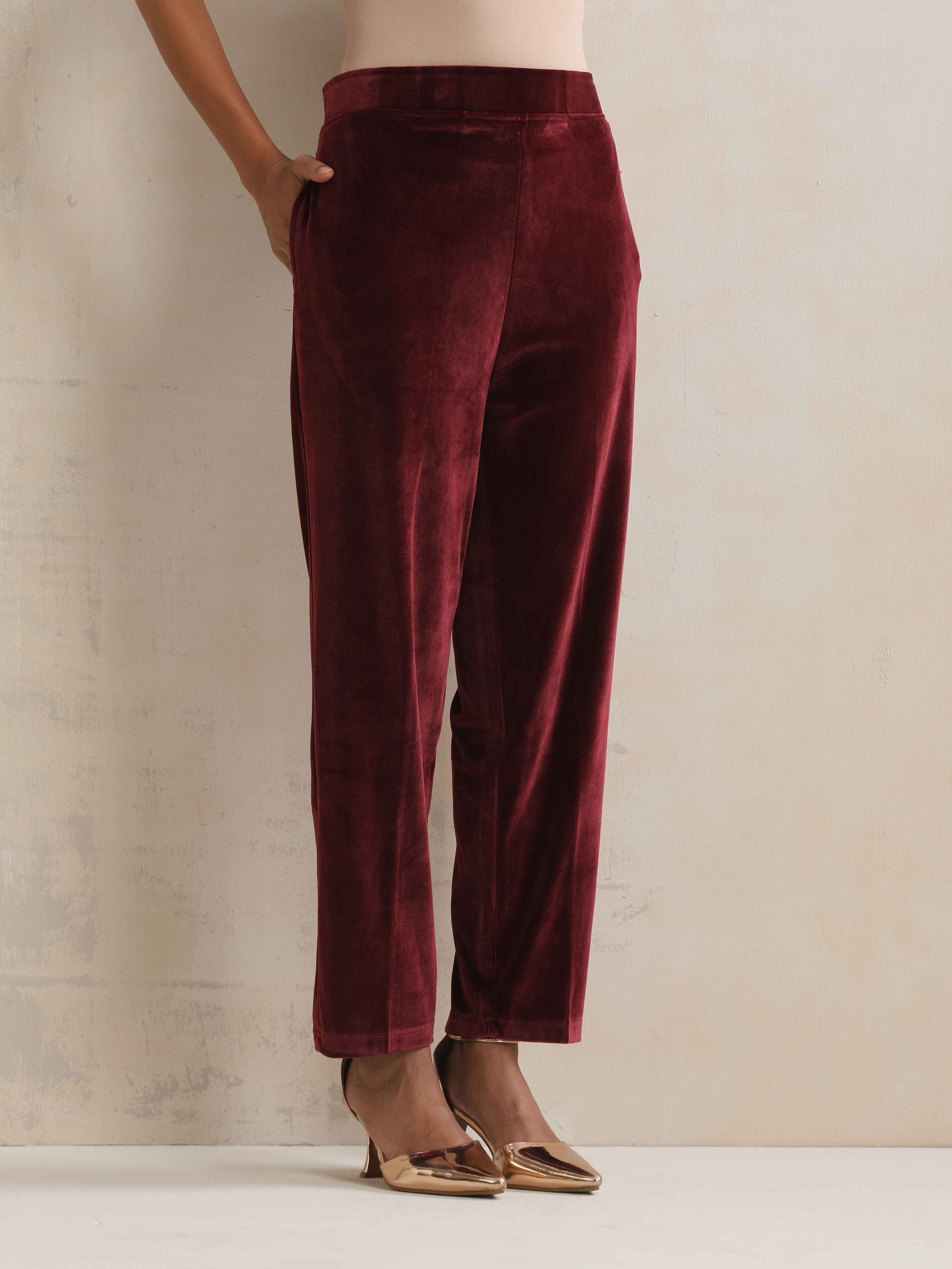 trueBrowns Maroon Velvet Floral Embroidered Kurta Pant Dupatta Set - Distacart