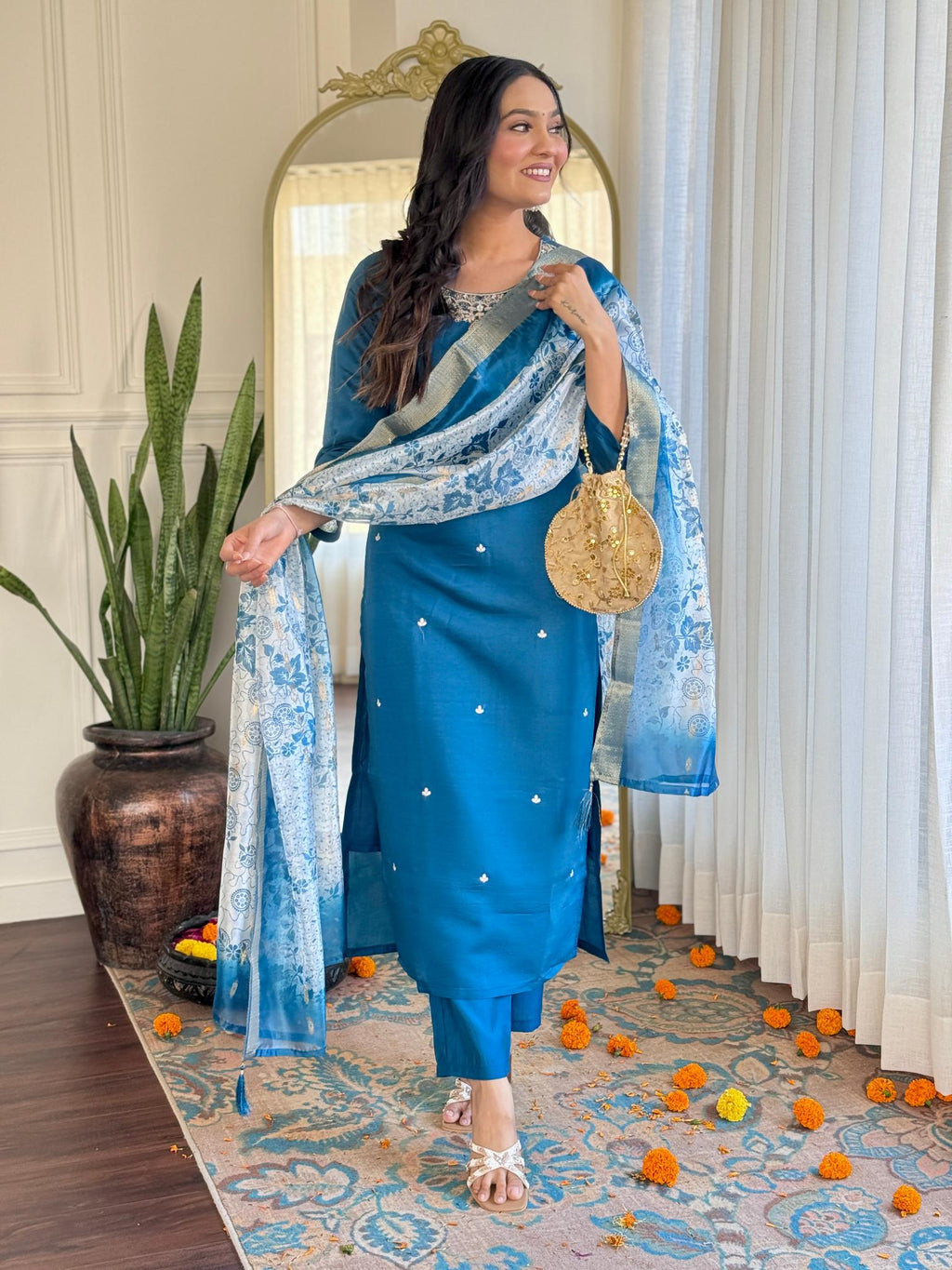 The52 Women's Beautiful Roman Silk Embroidered Straight Kurta with Pant And Dupatta Set - Distacart