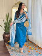 The52 Women's Beautiful Roman Silk Embroidered Straight Kurta with Pant And Dupatta Set - Distacart
