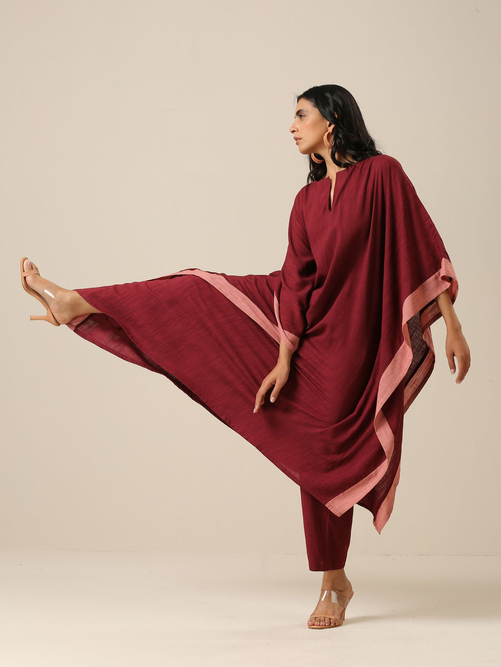 trueBrowns Ruby Wine Slub Texture High Low Kaftan Pant Set | Relove - Distacart