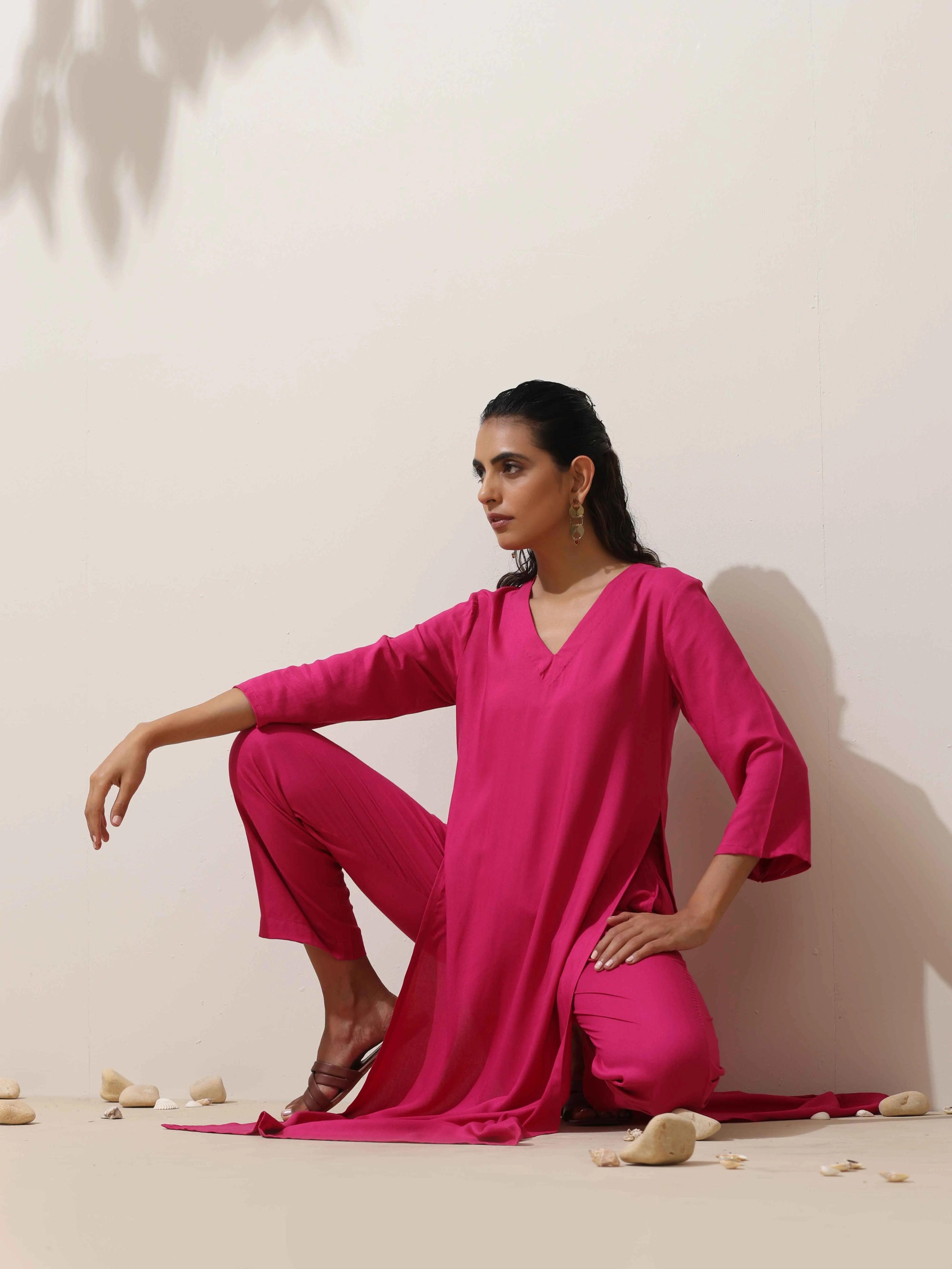 trueBrowns Pink Viscose Kurta Pant Set - Distacart