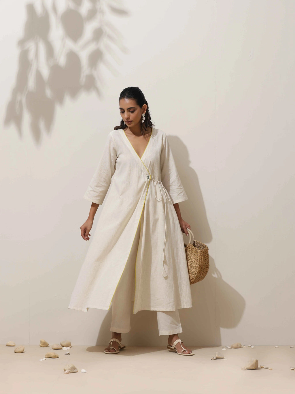 trueBrowns Off White Cotton Linen Angrakha Kurta Pant Set - Distacart