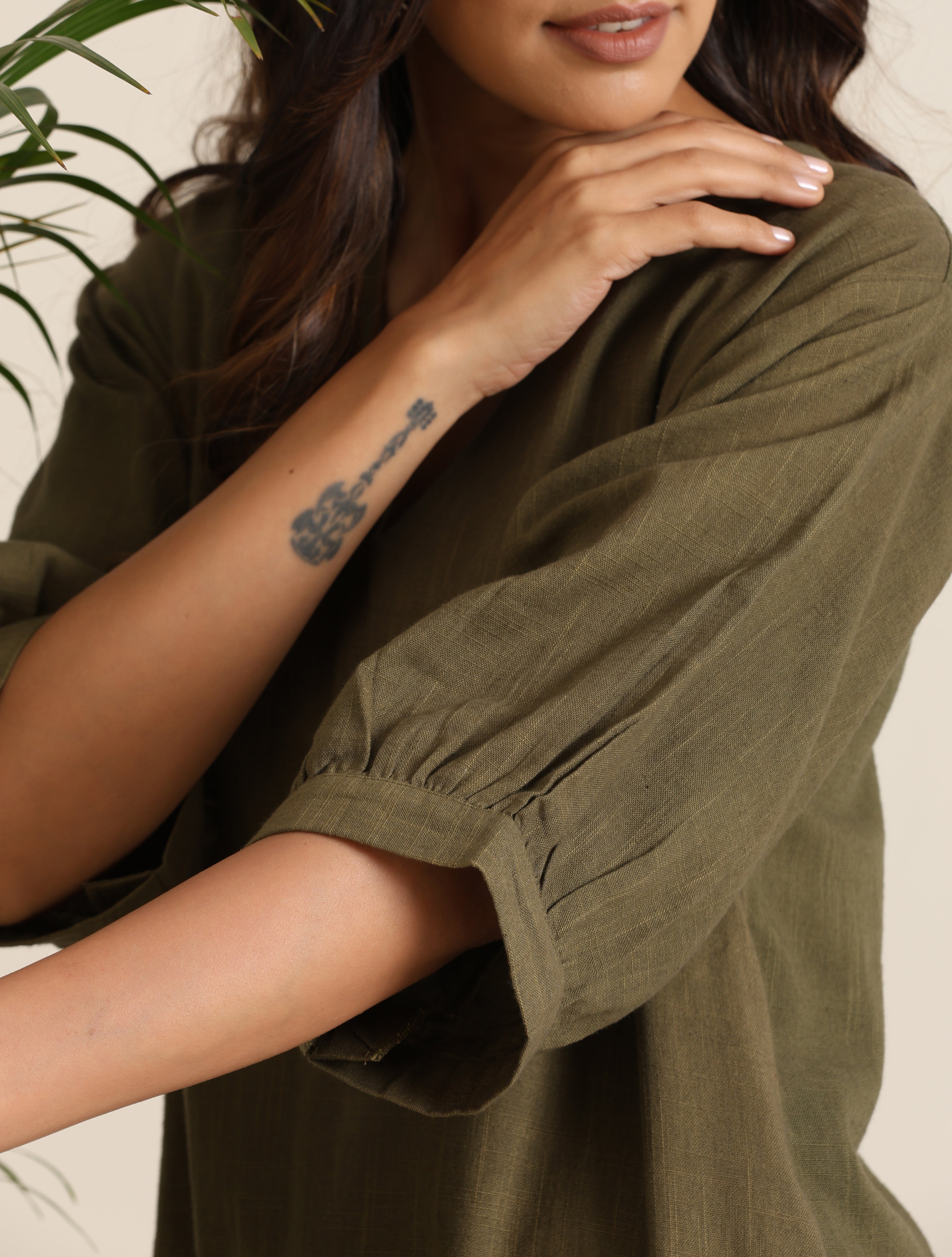 trueBrowns Olive Cotton Embroidered Dress - Distacart