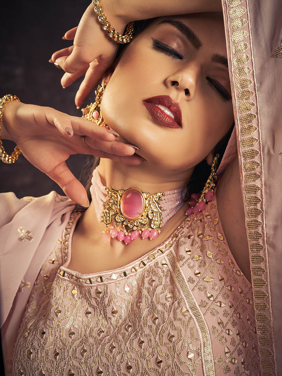 Myra Baby Pink Real Georgette Designer Gown Style Suit - Distacart