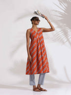 trueBrowns Orange Cotton Print Sleeveless Kurta Set - Distacart