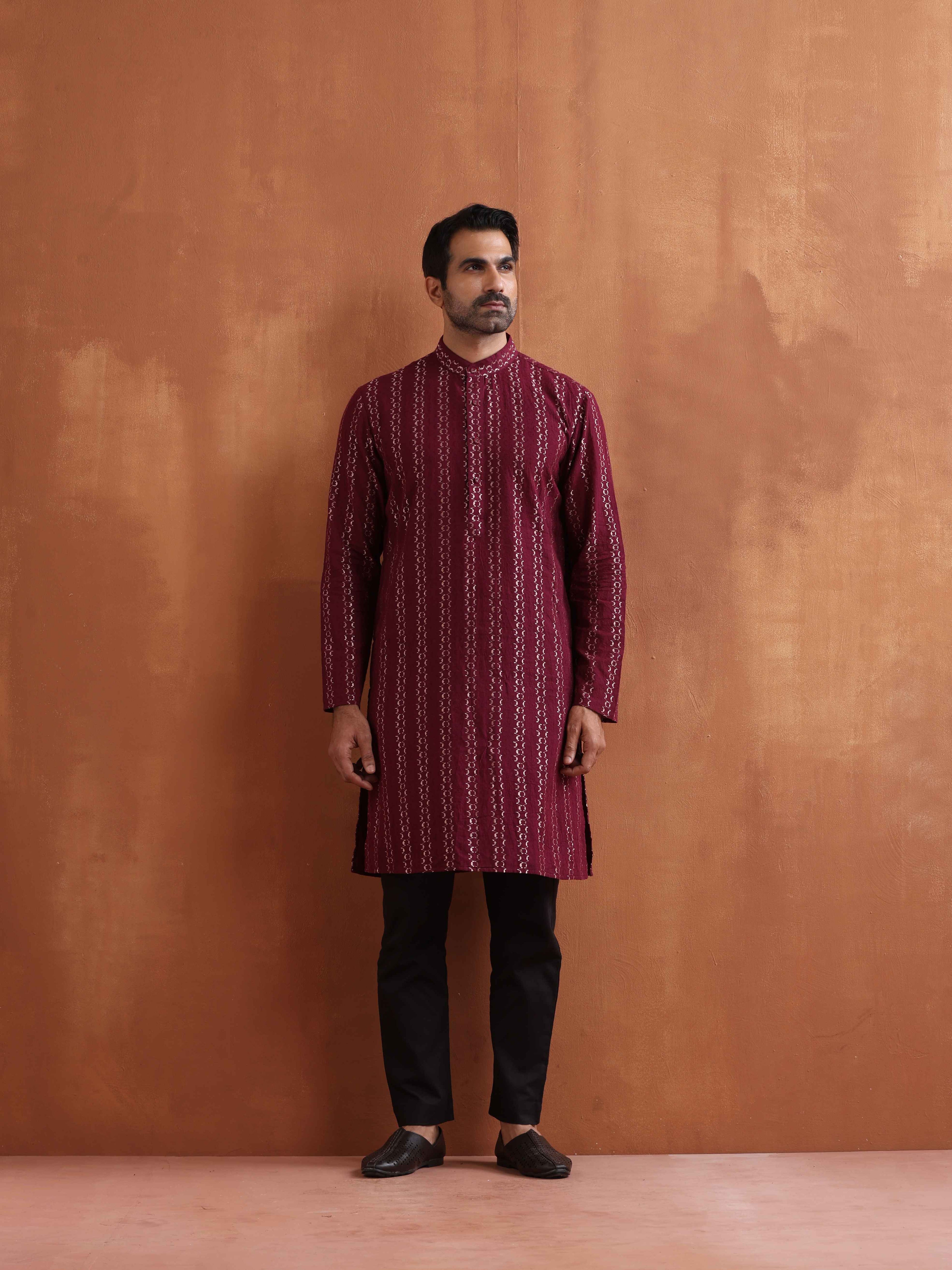 trueBrowns Men's Dark Purple Cotton Dobby Kurta