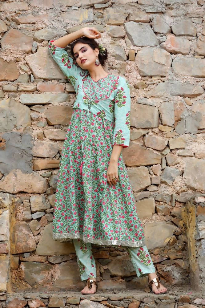 Yufta Women Grey Handblock A-Line Kurta with Trouser