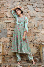 Yufta Women Grey Handblock A-Line Kurta with Trouser