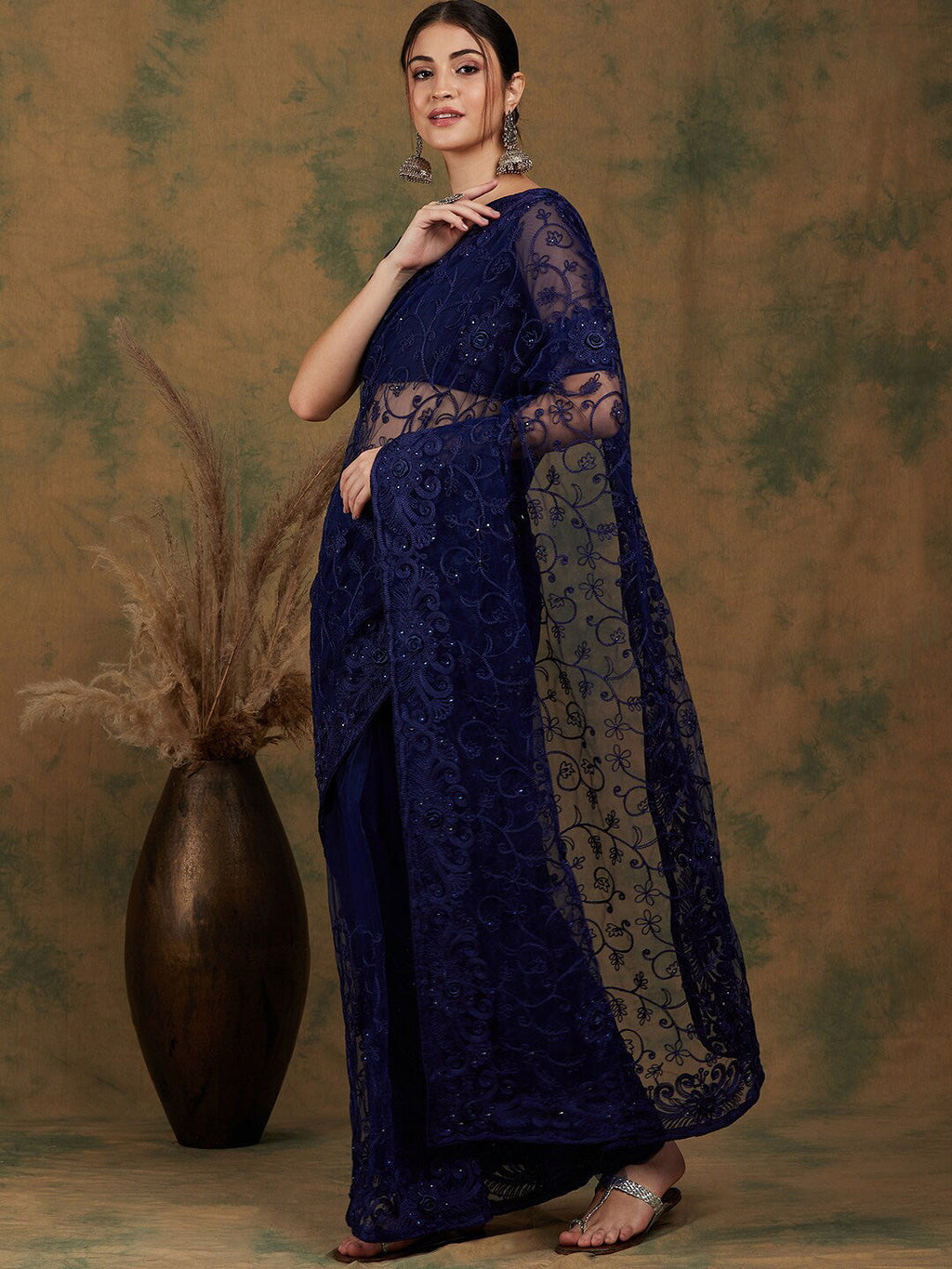 Sangria Navy Blue Floral Embroidered Net Saree - Distacart