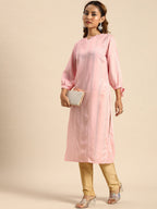 Sangria Women Pink Sequined Jacquard Chanderi Silk Kurta