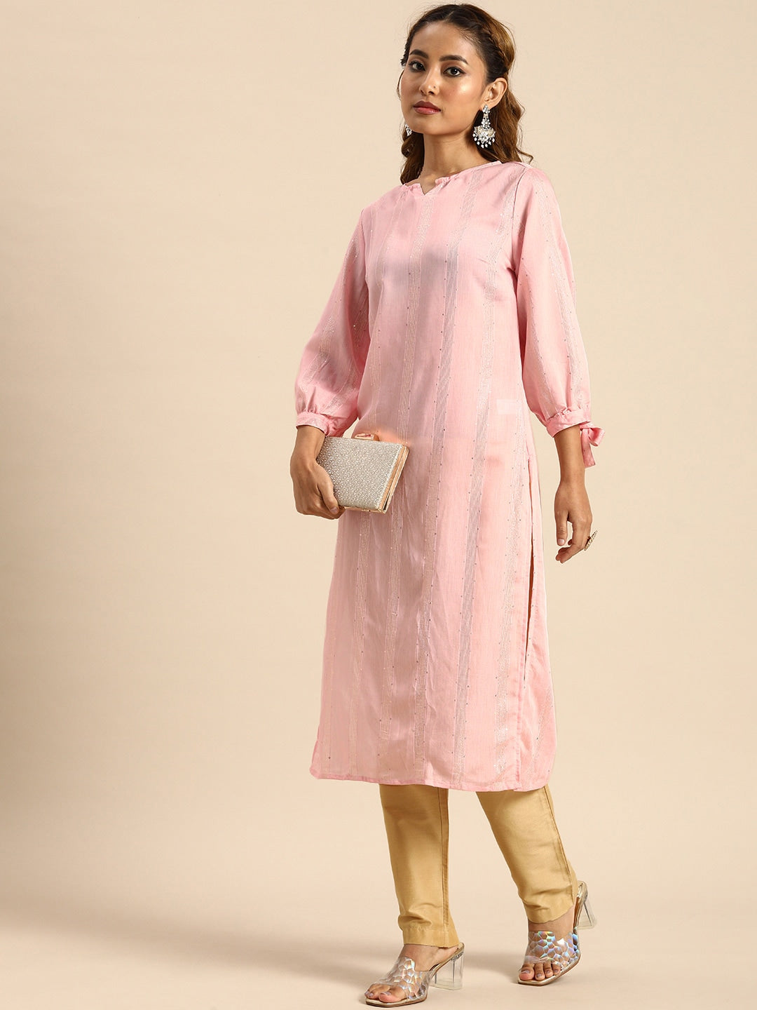 Sangria Women Pink Sequined Jacquard Chanderi Silk Kurta