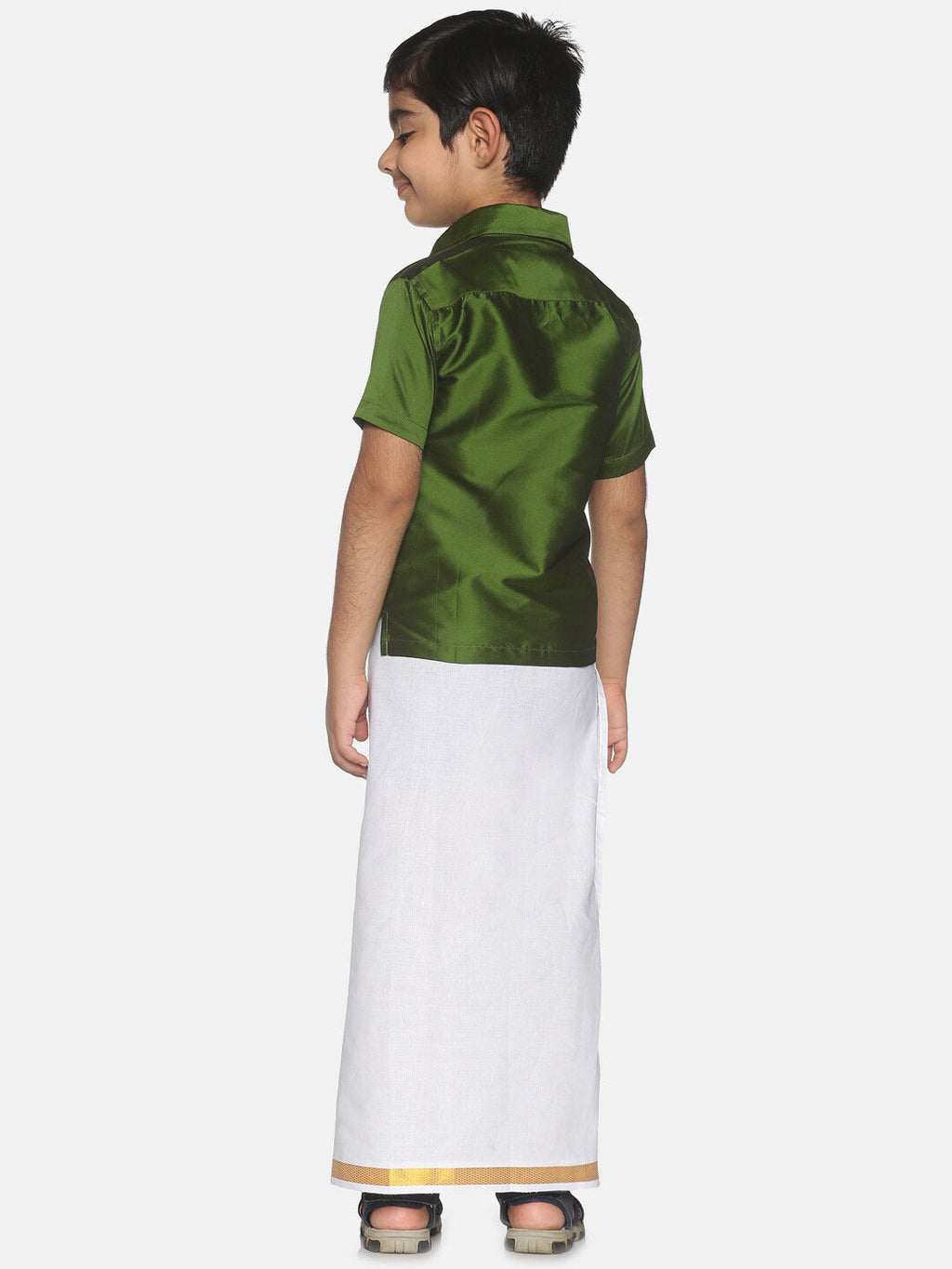 Sethukrishna Boys Olive Green & White Shirt And Veshti Set
