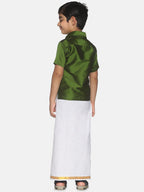 Sethukrishna Boys Olive Green & White Shirt And Veshti Set