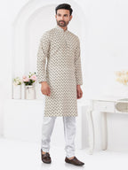 Joban Fashion Men's Rayon Cotton Cream Printed Kurta Pyjama set