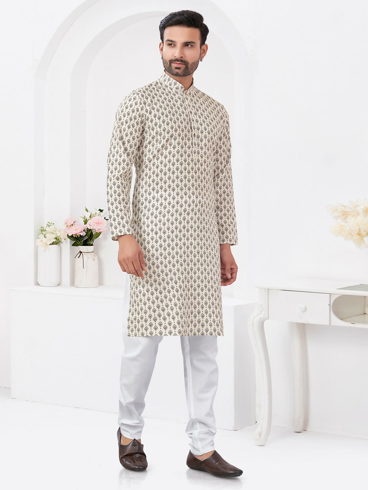 Joban Fashion Men's Rayon Cotton Cream Printed Kurta Pyjama set