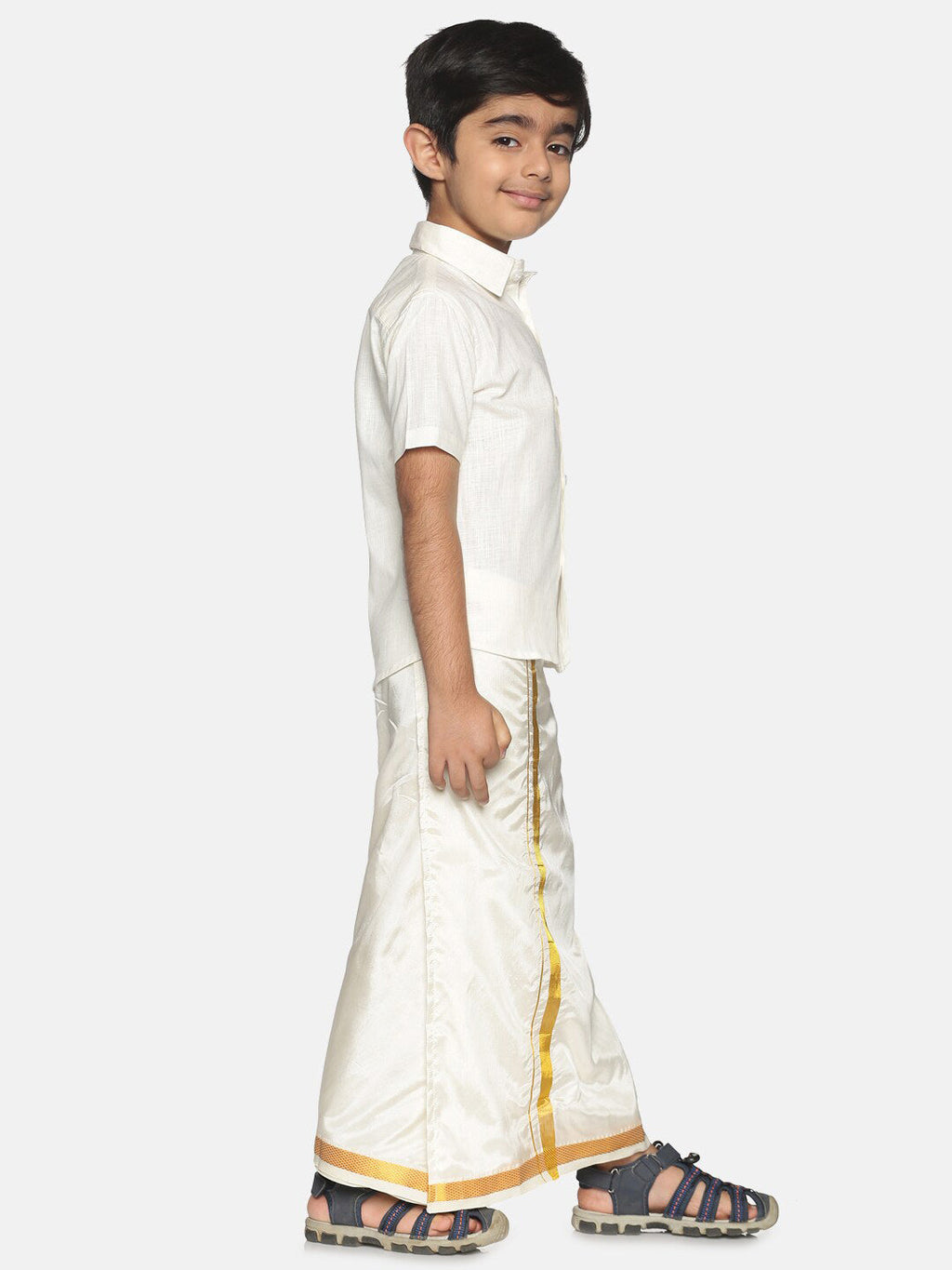 Sethukrishna Boys Cream-Coloured & Gold-Coloured Shirt with Dhoti