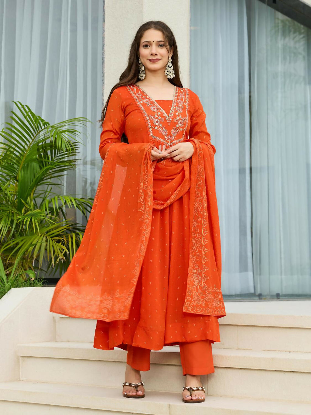 The52 Orange Women's Gorgeous Embroidered Chinon Fabric Flared Kurta Pant and Dupatta Set - Distacart