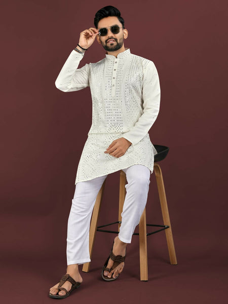 Anaita White Embroidered Silk Straight Kurta