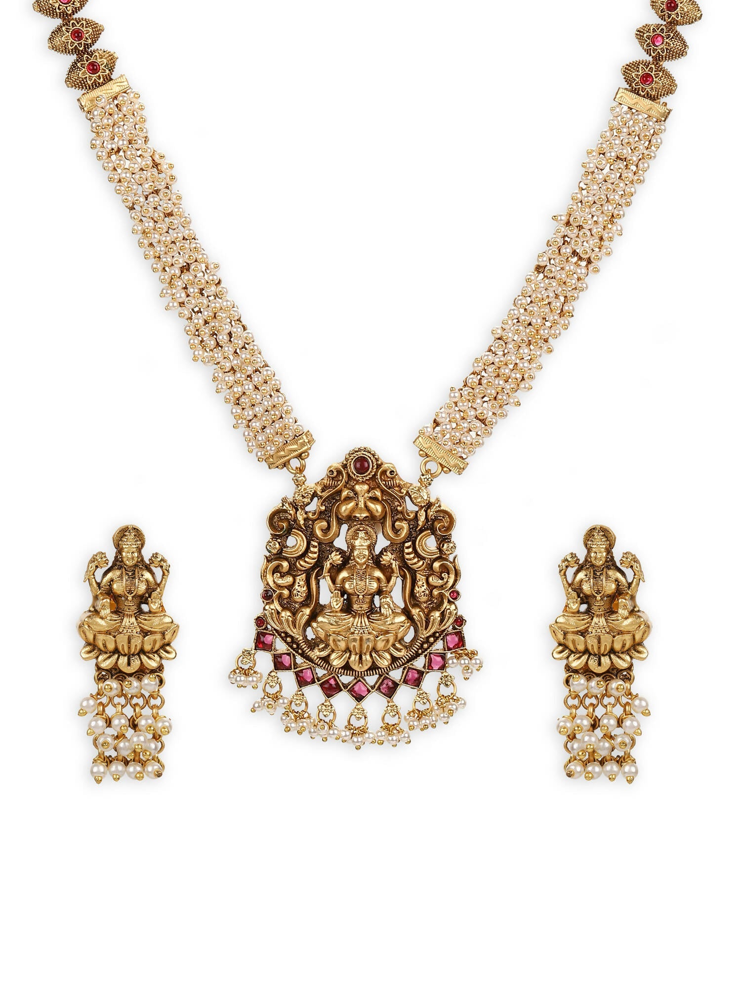 Gold-Plated Pink White Stones-Studded Beaded Jewellery Set - Ruby Raang - Distacart