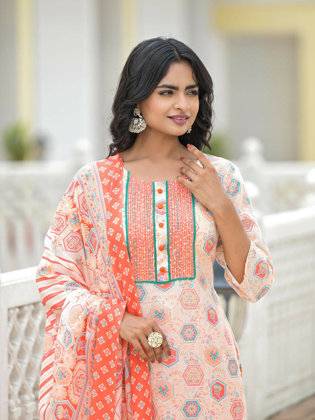 Juniper Women's Peach Floral Printed Cotton Kurta Pant With Dupatta Set With Sequins & Thread Work