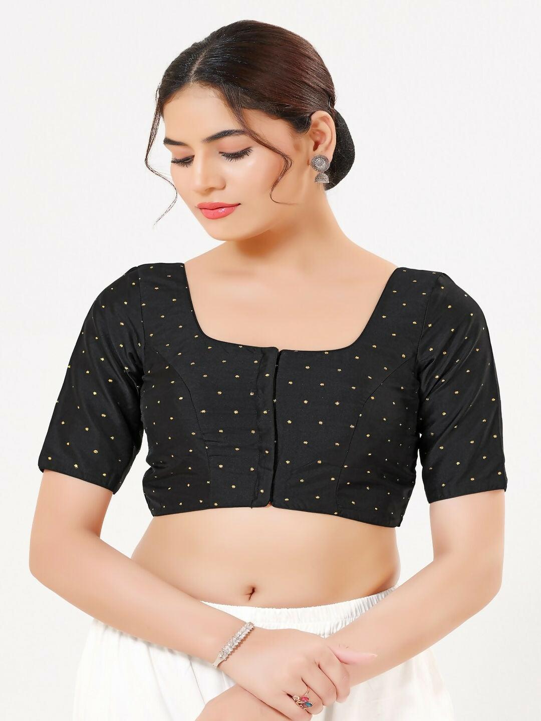 Joban Fashion Black Taffeta Silk Elbow Sleeveless Front Open Blouse