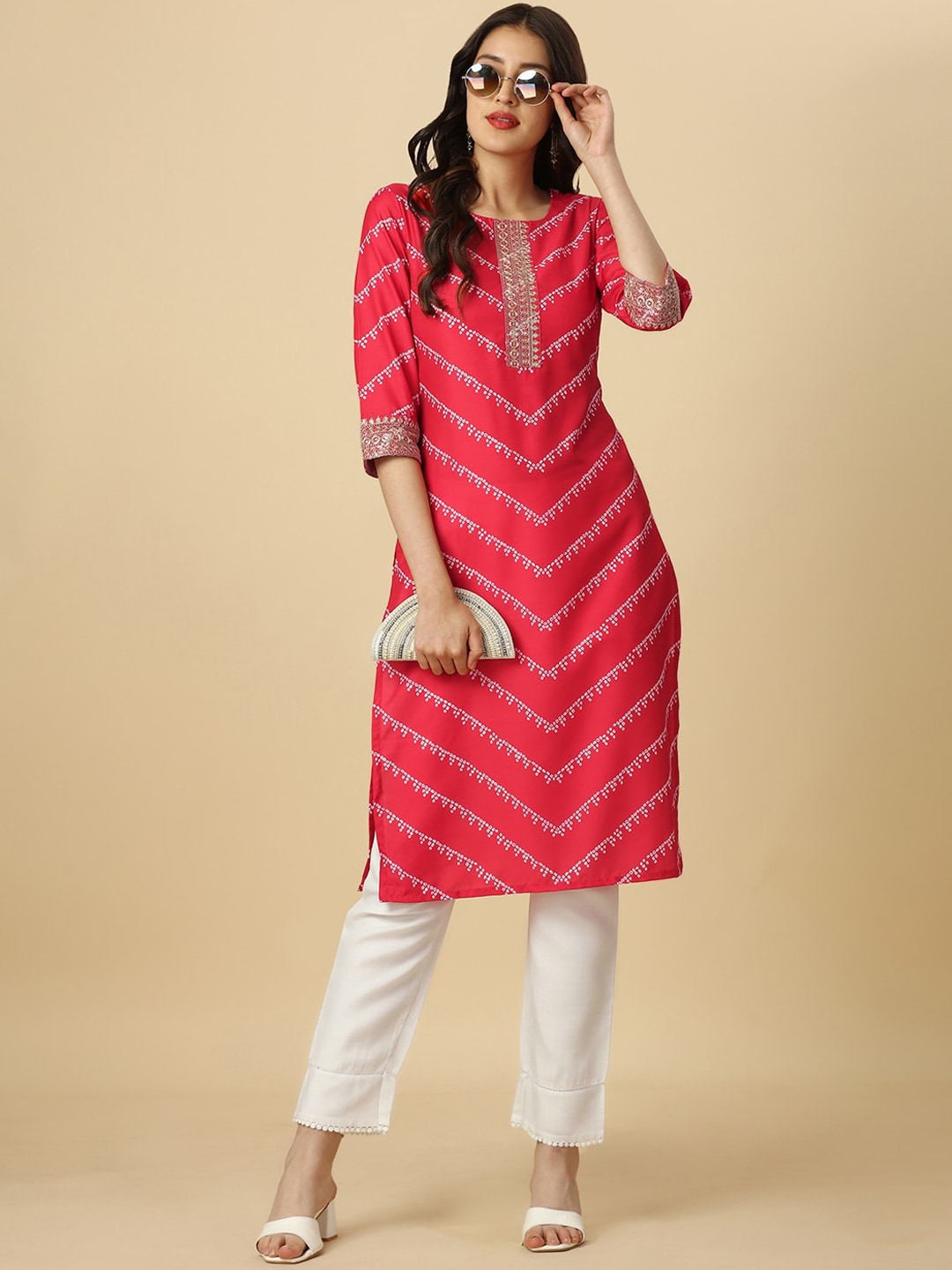 HERE&NOW Red & White Bandhani Printed Thread Work Kurta