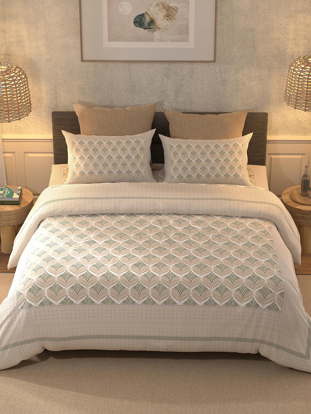 BELLA CASA Beige & Off White Ethnic Motifs 350 TC King Bedsheet with 2 Pillow Covers