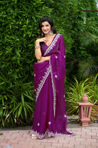 Vastranavya Purple Embroidery Work Shimmer Chiffon Saree with Unstitched Blouse - Distacart
