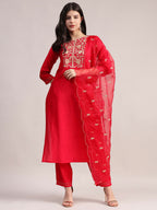 Aavyora Women's Red Embroidered Roman Silk Kurta, Palazzo & Organza Dupatta Set