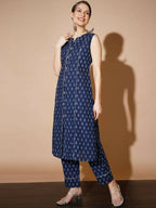 Myshka Women Blue Printed Kurta & Trousers - Distacart