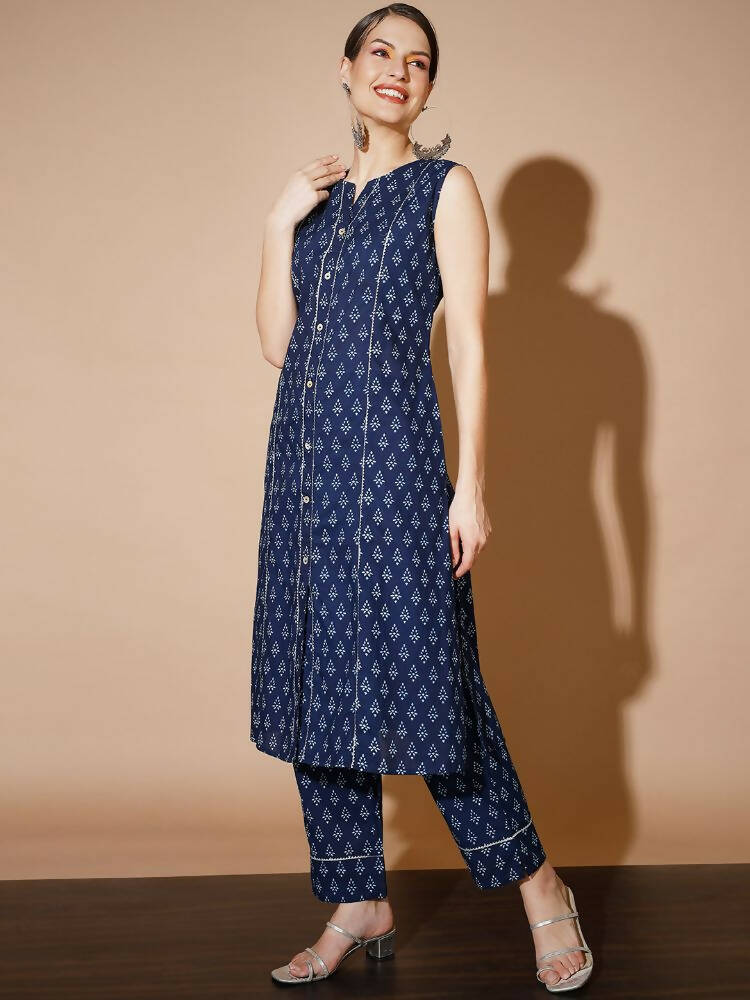 Myshka Women Blue Printed Kurta & Trousers - Distacart