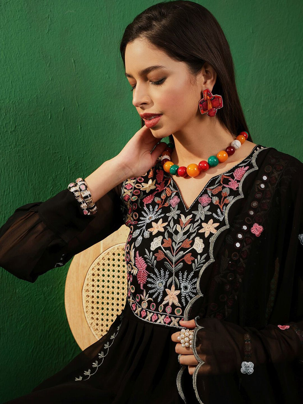 Sangria V Neck Floral Embroidered A Line Kurta with Palazzos & Dupatta - Distacart