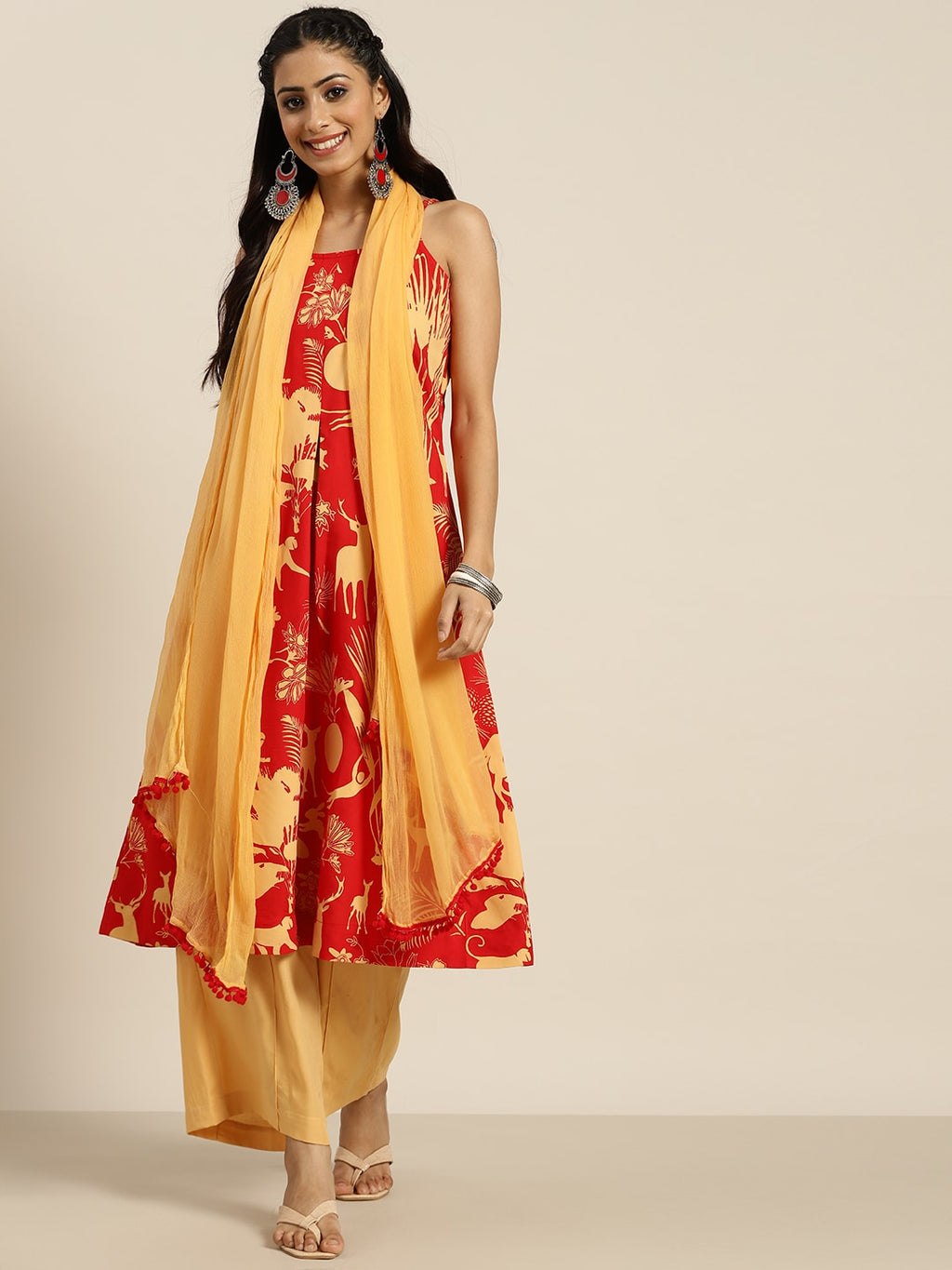 Sangria Women Red & Yellow Quirky Printed Kurta with Palazzos & Dupatta