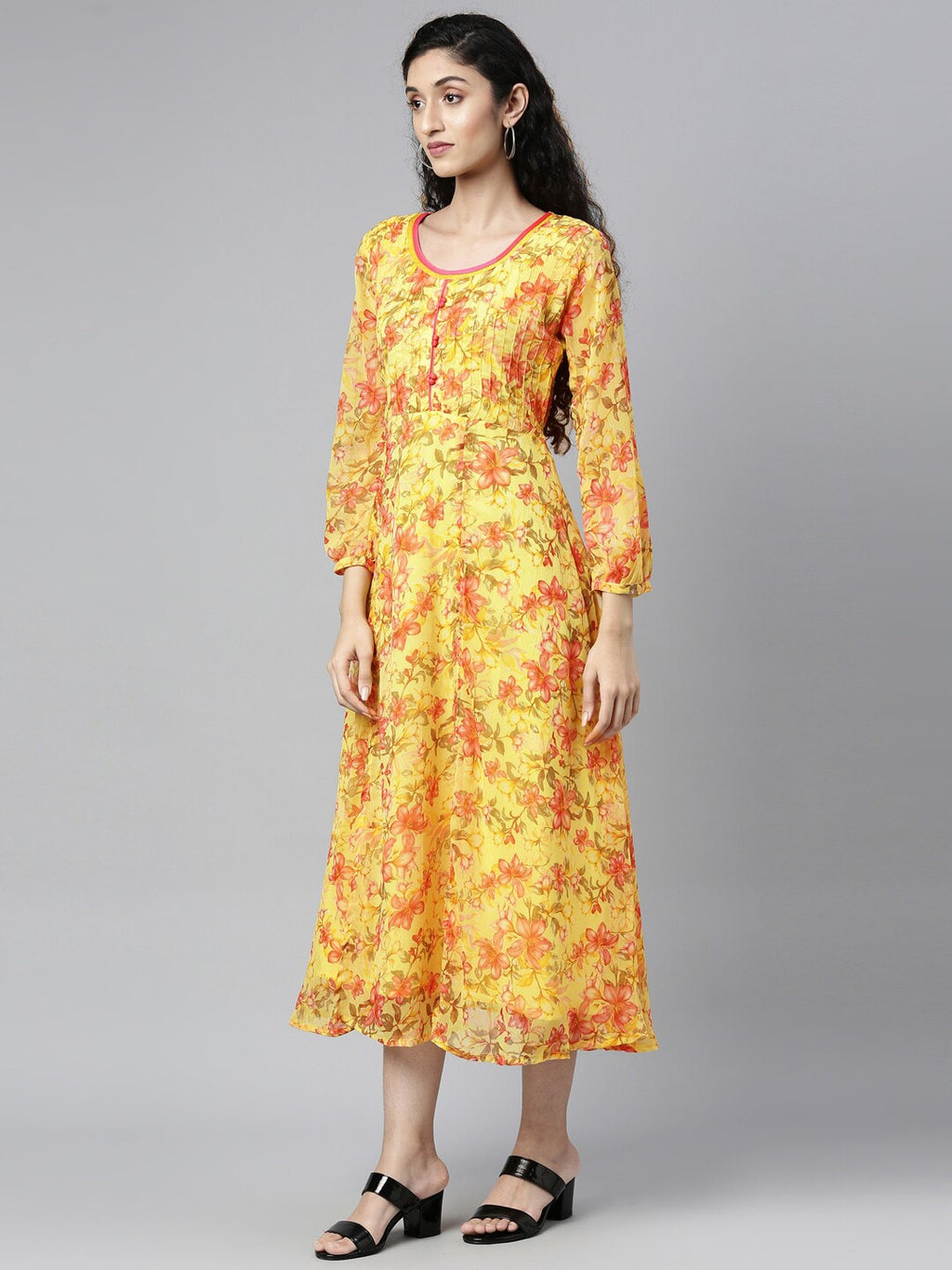 Souchii Yellow Floral Layered Chiffon A-Line Midi Dress - Distacart