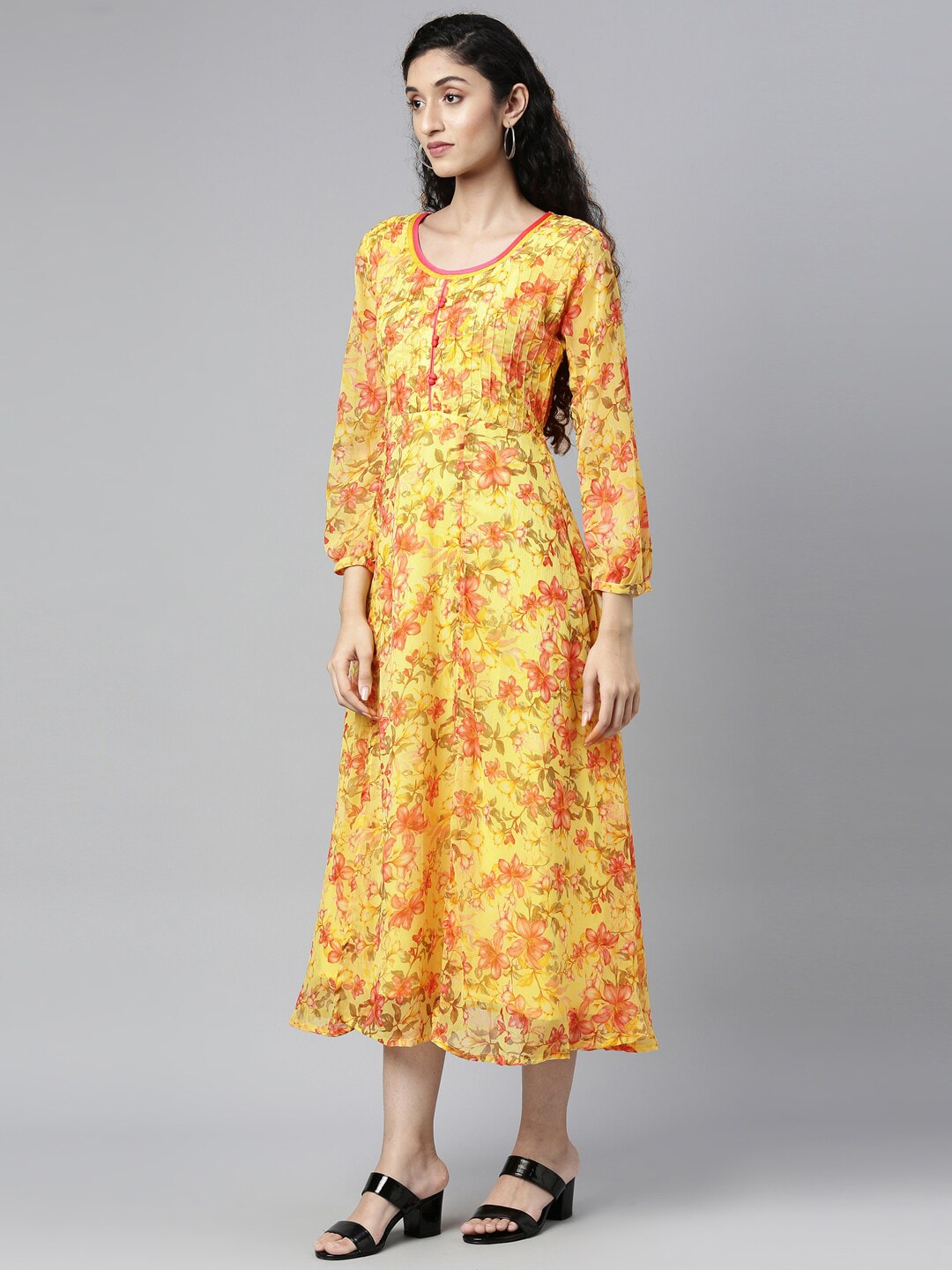 Souchii Yellow Floral Layered Chiffon A-Line Midi Dress - Distacart