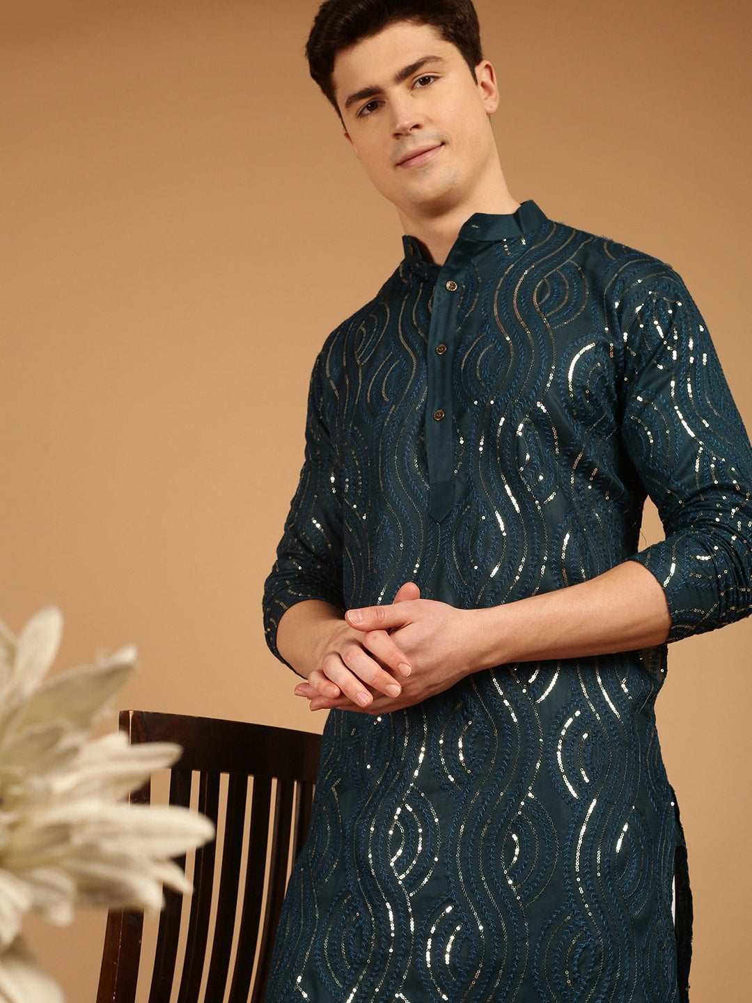 Sojanya Ethnic Motif Embroidered Band Collar Sequinned Pure Cotton Kurta