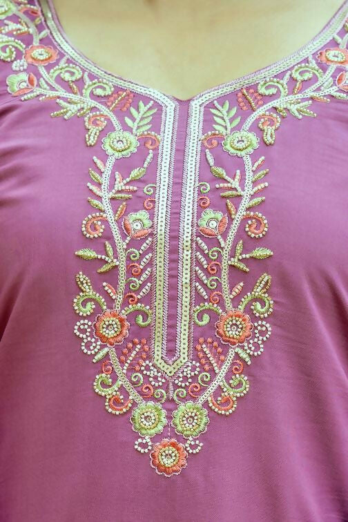 The52 Purple Women's Beautiful Embroidered Viscose Chanderi Silk Fabric with Straight Kurta, Pant and Dupatta Set - Distacart