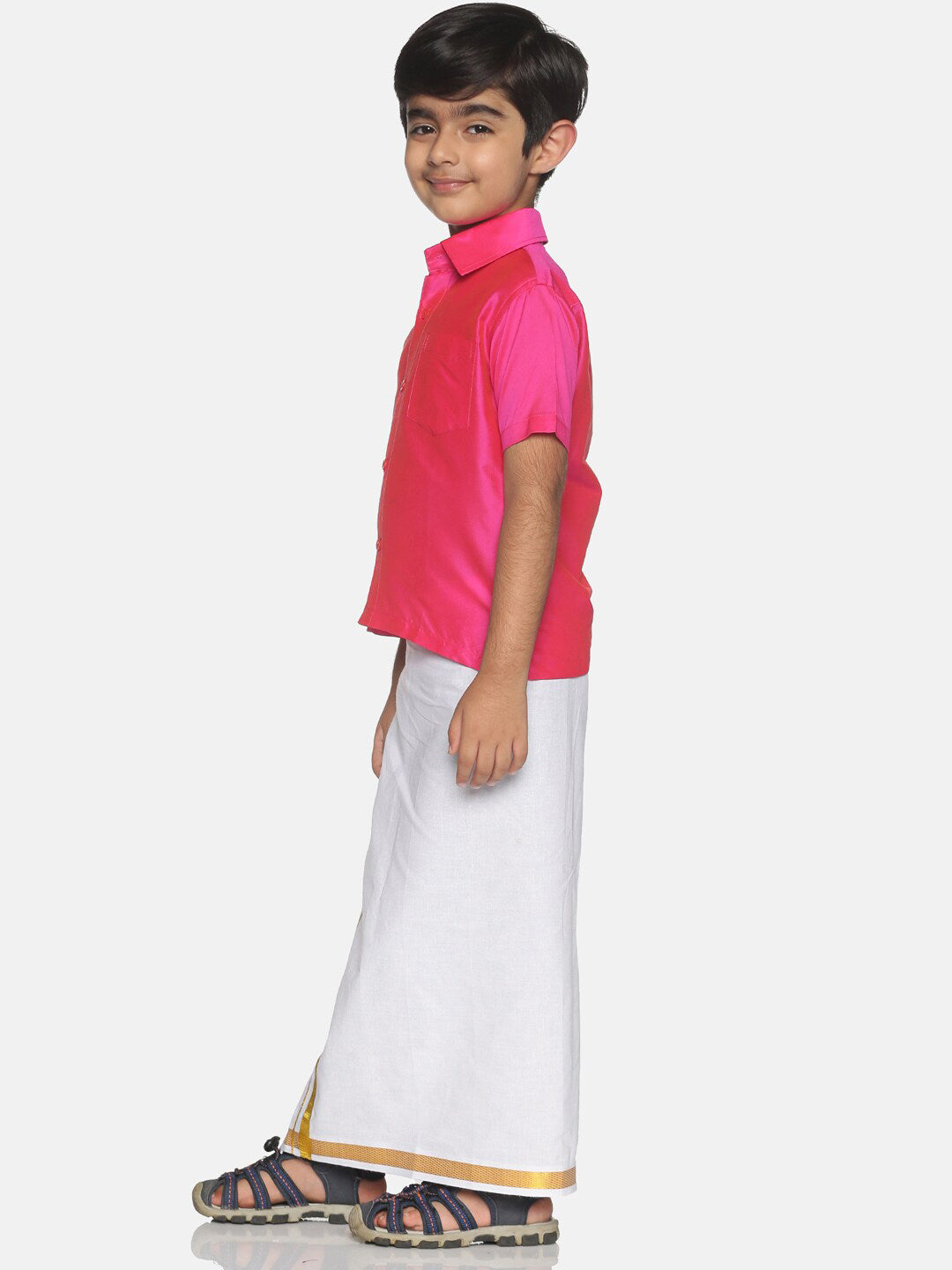 Sethukrishna Boys Pink & White Solid Shirt and Veshti